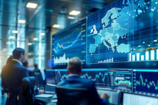 Financial Analysts Discussing European Market Trends on Interactive Display in Modern Trading Room