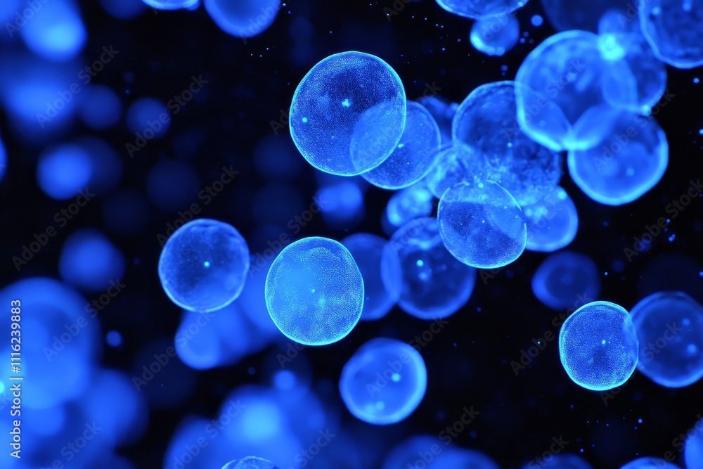 Aufkleber abstract image of glowing blue spheres floating in a dark background, representing science, technolo