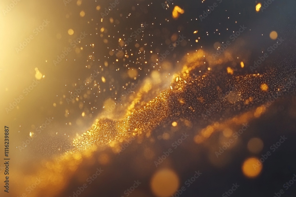 Poster abstract image of glimmering light particles on a dark background with shimmering gold effects captu