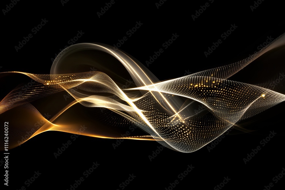 Poster abstract light waves in golden and white colors flowing gracefully across a dark background, creatin