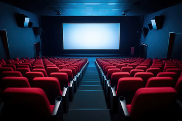 Fototapeta premium Empty movie theater interior with red seats and a blank screen