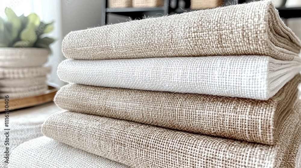 Poster soft linen fabric stacked neatly on a table with natural home decor elements