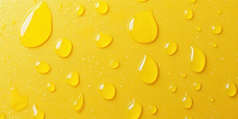 A close-up texture of droplets of yellow juice on a flat surface