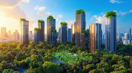 Fototapeta premium Modern Urban Skyline with Lush Green Rooftop Gardens and Clear Blue Sky