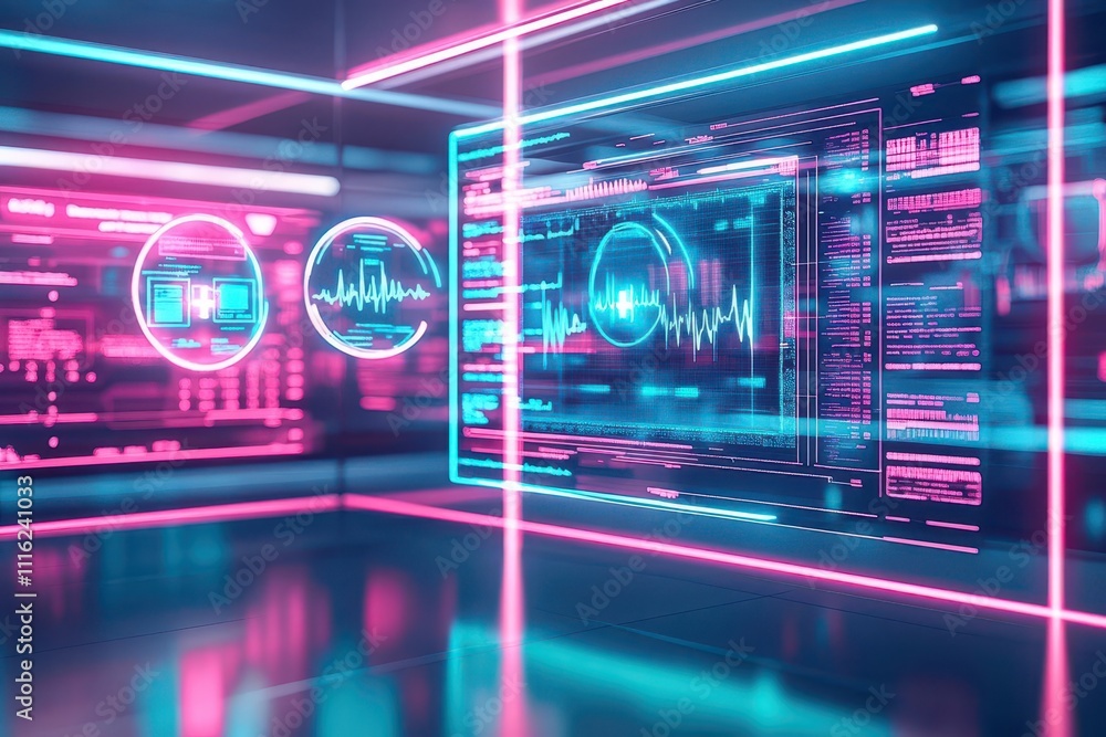 Poster a 3drendered virtual reality room where holographic health monitors float around users, vibrant neon