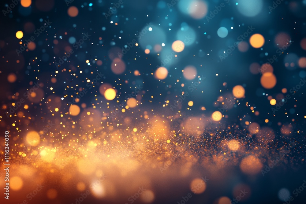 Poster abstract sparkling background with dazzling bokeh lights in blue and orange hues creating a festive 