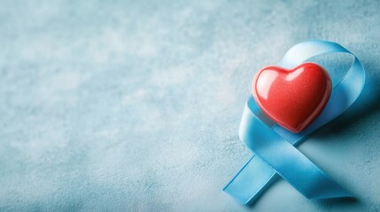 Fototapeta premium Prostate Cancer Awareness Symbol - Blue Ribbon & Red Heart on Pastel Background