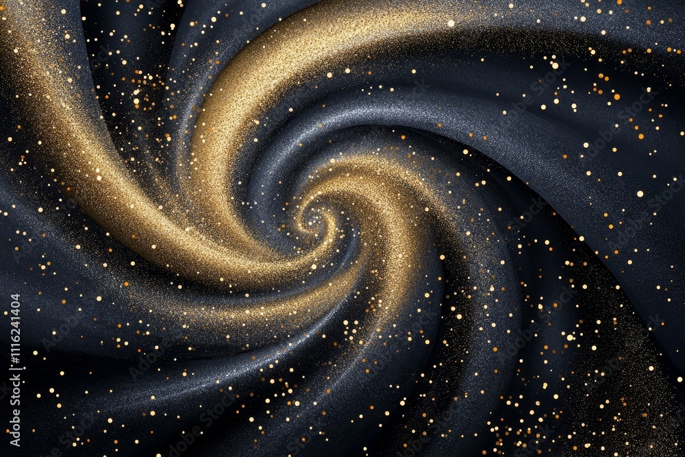 Poster abstract swirling background with glittering gold and silver particles against a dark backdrop, crea
