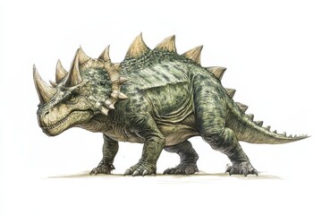 Fototapeta premium A sturdy dinosaur with a spiked back and horns on its head isolated on white background