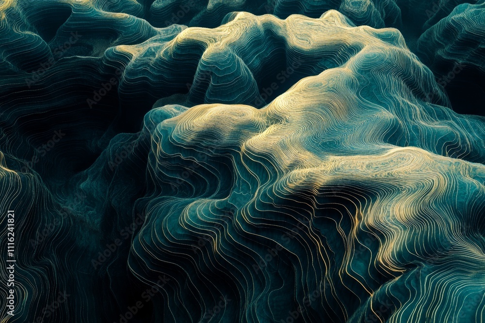 Poster abstract topographical landscape with flowing curves and soft gradients in a serene color palette ca
