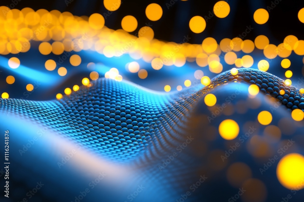 Poster abstract wave pattern with luminous glowing dots and smooth surface texture, creating a dynamic and 