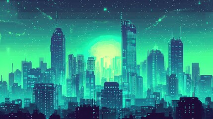 Naklejka premium A futuristic gradient pixel art scene featuring a pixelated city skyline with a seamless color transition from neon green to electric blue