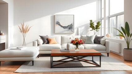 Modern living room with natural light, minimalist sofa, wooden coffee table with flowers, abstrac