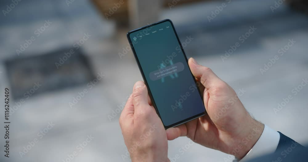 Fototapete pov shot: business person holds smartphone screen shows ai chatbot interface in use. display product