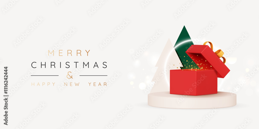 Poster Merry Christmas and Happy New Year background with open red gift box and exploding confetti. Beige podium studio with tree decorations. Xmas realistic design poster. Web banner. 3D Vector illustration