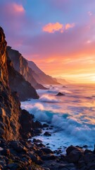 Fototapeta premium Dramatic Coastal Cliffs Sunset Ocean Waves Rocks Scenic View. Generative AI