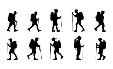 Fototapeta premium Hiker flat silhouette set isolated on white background