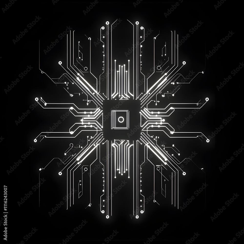 Poster exploring digital circuit designs technology lab graphic art abstract high-tech environment futurist