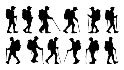 Hiker flat silhouette set isolated on white background