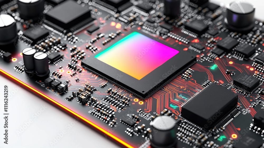 Poster detailed close-up of modern circuit board with colorful microchip and components