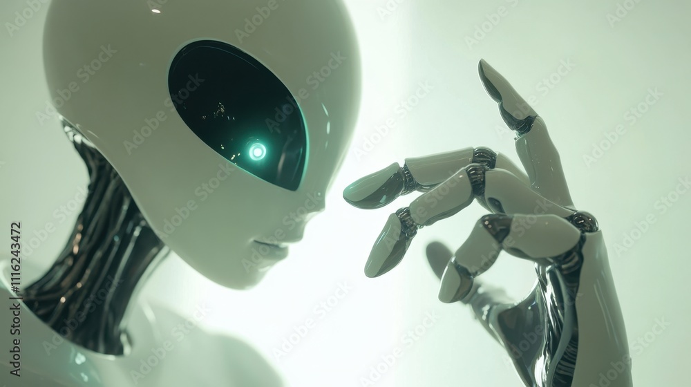 Poster technological fusion: robot and human hands touching in futuristic connection