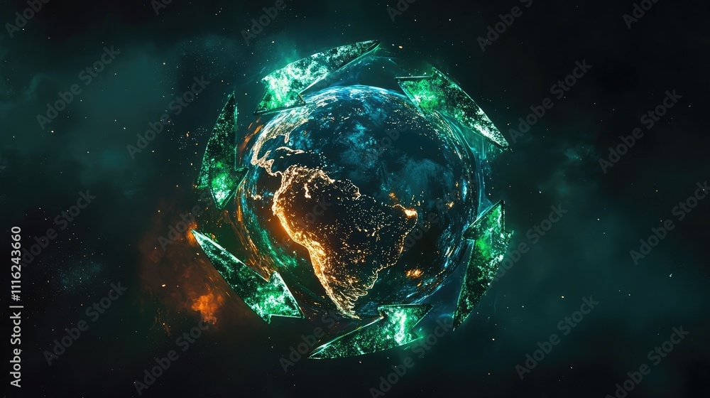 Poster a symbolic design of earth glowing with green arrows in a recycling loop