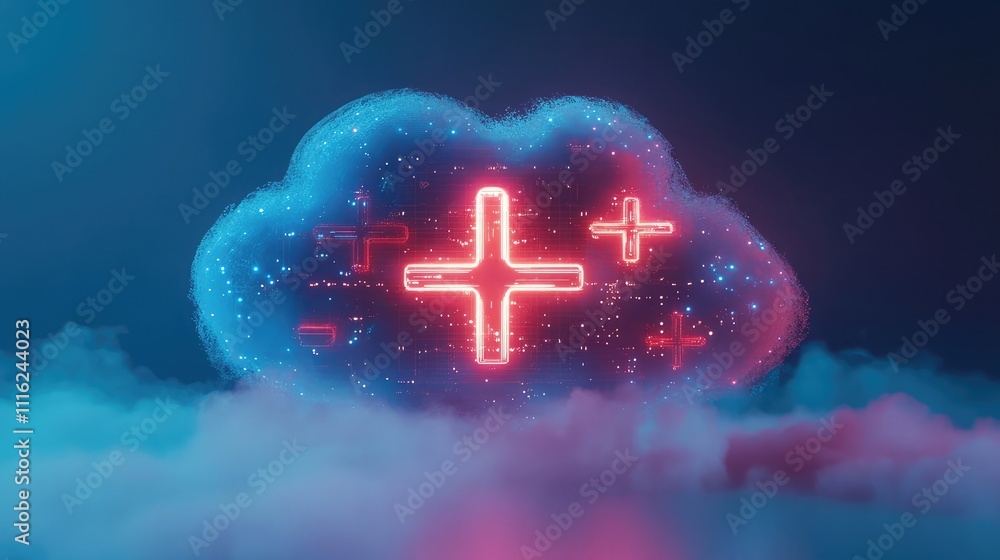 Poster a symbolic representation of health icons glowing within a secure digital cloud