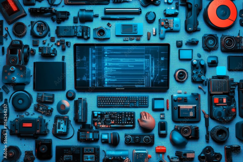 Poster aerial view of various modern technology gadgets and devices on a workspace table showing creative l