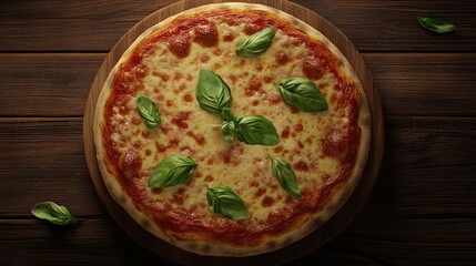 A top view of a pizza with melted cheese and fresh basil leaves on a wooden table