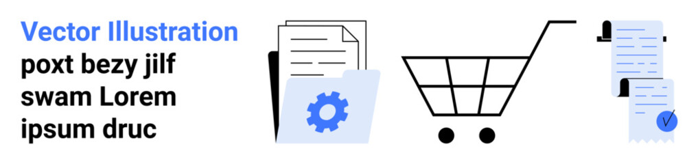 Fototapeta premium Documents, gear icon, and shopping cart illustrate digital business processes. Ideal for ecommerce, workflow management, document handling, online shopping, business automation, tech solutions