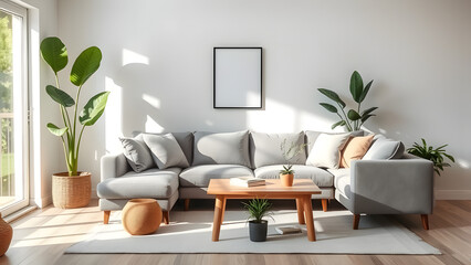  Scandinavian-style living room with a plush grey sofa, natural light, and indoor plants arrang