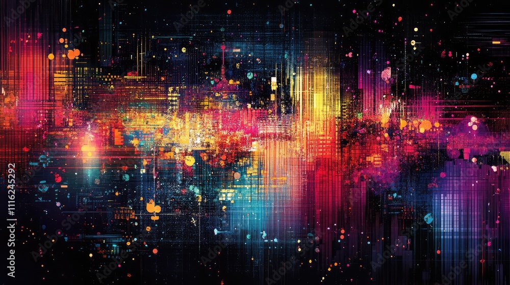 Poster a glitch-inspired low-res abstract design with distorted, pixelated lines and splashes of neon color