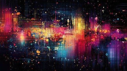 Fototapeta premium A glitch-inspired low-res abstract design with distorted, pixelated lines and splashes of neon color