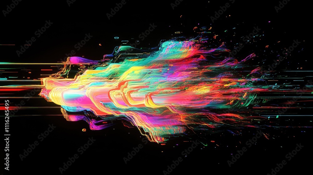 Poster a glitch-inspired low-res abstract design with distorted, pixelated lines and splashes of neon color