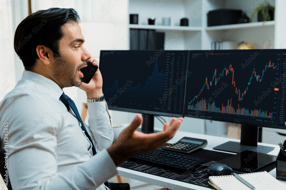 Poster trader businessman calling to consultant or partner with two stock exchange investment, compare data