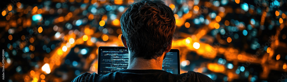 Poster a person views a computer screen while overlooking a cityscape at night, illuminated by colorful lig