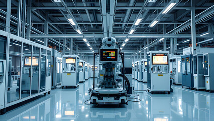 Fototapeta premium Robot-controlled smart factory floor with high-tech machinery, illuminated digital panels