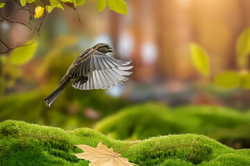 Un verdone (Chloris chloris) in volo si prepara ad atterrare sul muschio del sottobosco.
