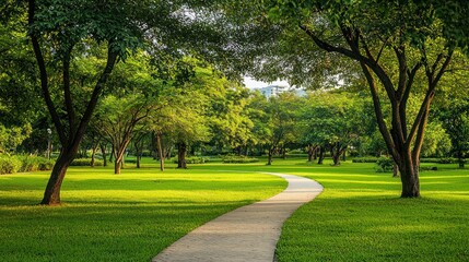 Fototapeta premium A wide open park with green lawns and walking paths