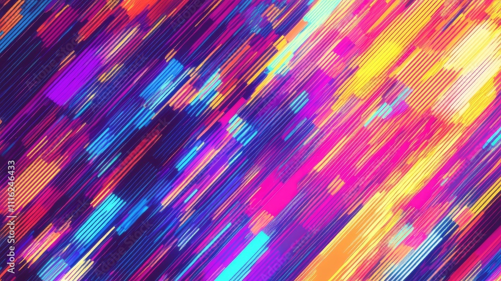 Poster a glitchy pixel overlay texture in bright neon hues, with sharp edges and vibrant patterns creating 