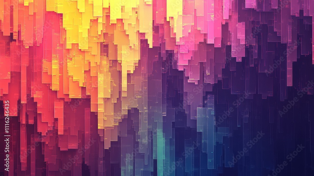 Poster a glitchy pixel overlay texture in bright neon hues, with sharp edges and vibrant patterns creating 
