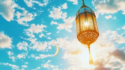 Obraz premium Ornate Lantern Hanging Against A Cloudy Sky With Crescent Moon