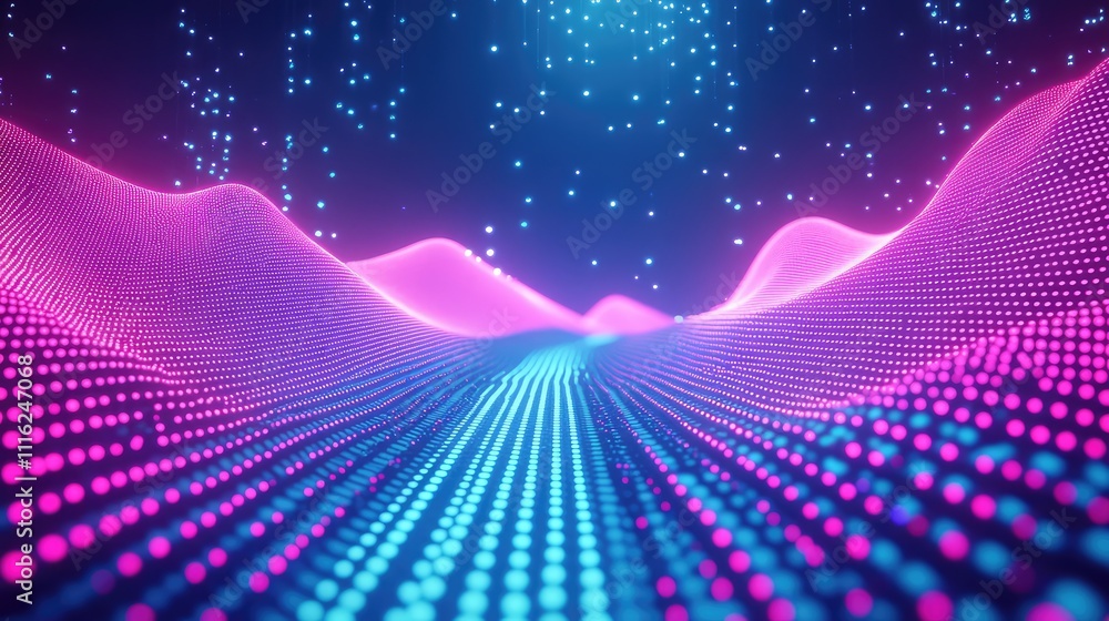 Poster a glowing neon pixel pattern with smooth gradients transitioning from bright magenta to electric blu