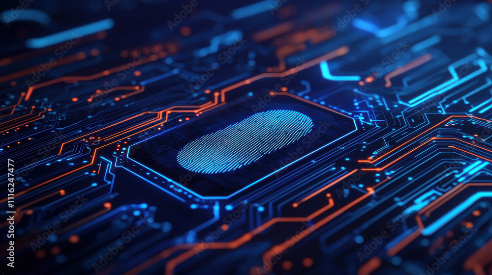 Poster a close-up view of a blue and orange circuit board, highlighting intricate patterns and a central ov