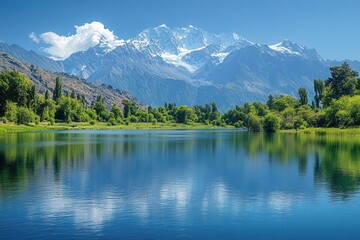 Fototapeta premium crystal-clear lake reflecting majestic snow-capped mountains, creating a breathtaking vista that evokes a sense of calm and natural beauty, with lush greenery surrounding the tranquil waters