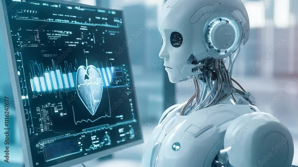 Poster advanced ai robot analyzes health data in a futuristic lab environment