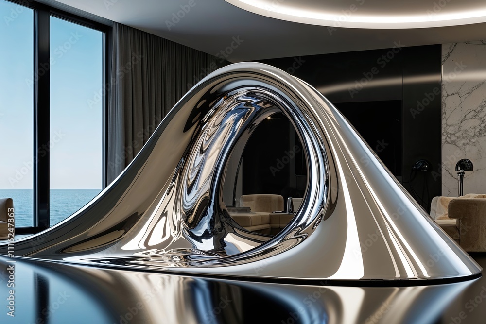 Poster dynamic elegant glossy reflective 3d wave design in stunning environment