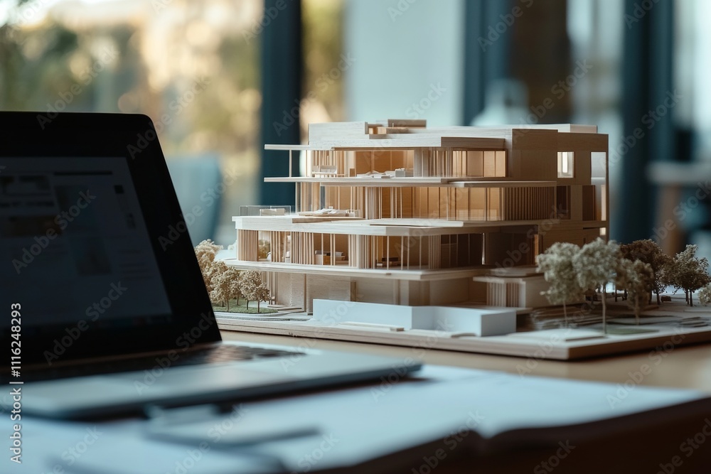 Poster modern architectural workspace featuring design models and laptop with layout in bright lighting