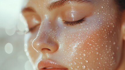 Fototapeta premium a close-up of dewy skin with water droplets glistening on a smooth, radiant surface. Soft, natural lighting. 