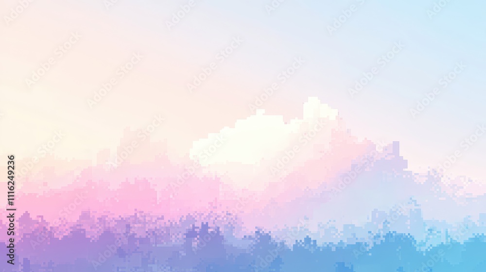 Poster a gradient pixel art design with a blend of pastel colors, transitioning from soft pinks to pale blu